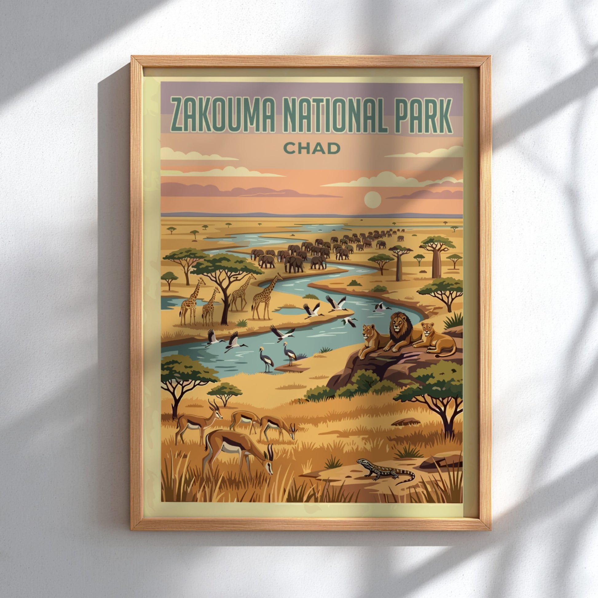 Zakouma National Park poster featuring wildlife, vibrant colors, and natural scenery