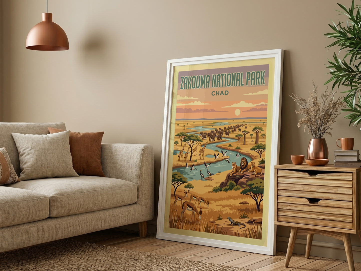 Zakouma National Park poster featuring wildlife, vibrant colors, and natural scenery