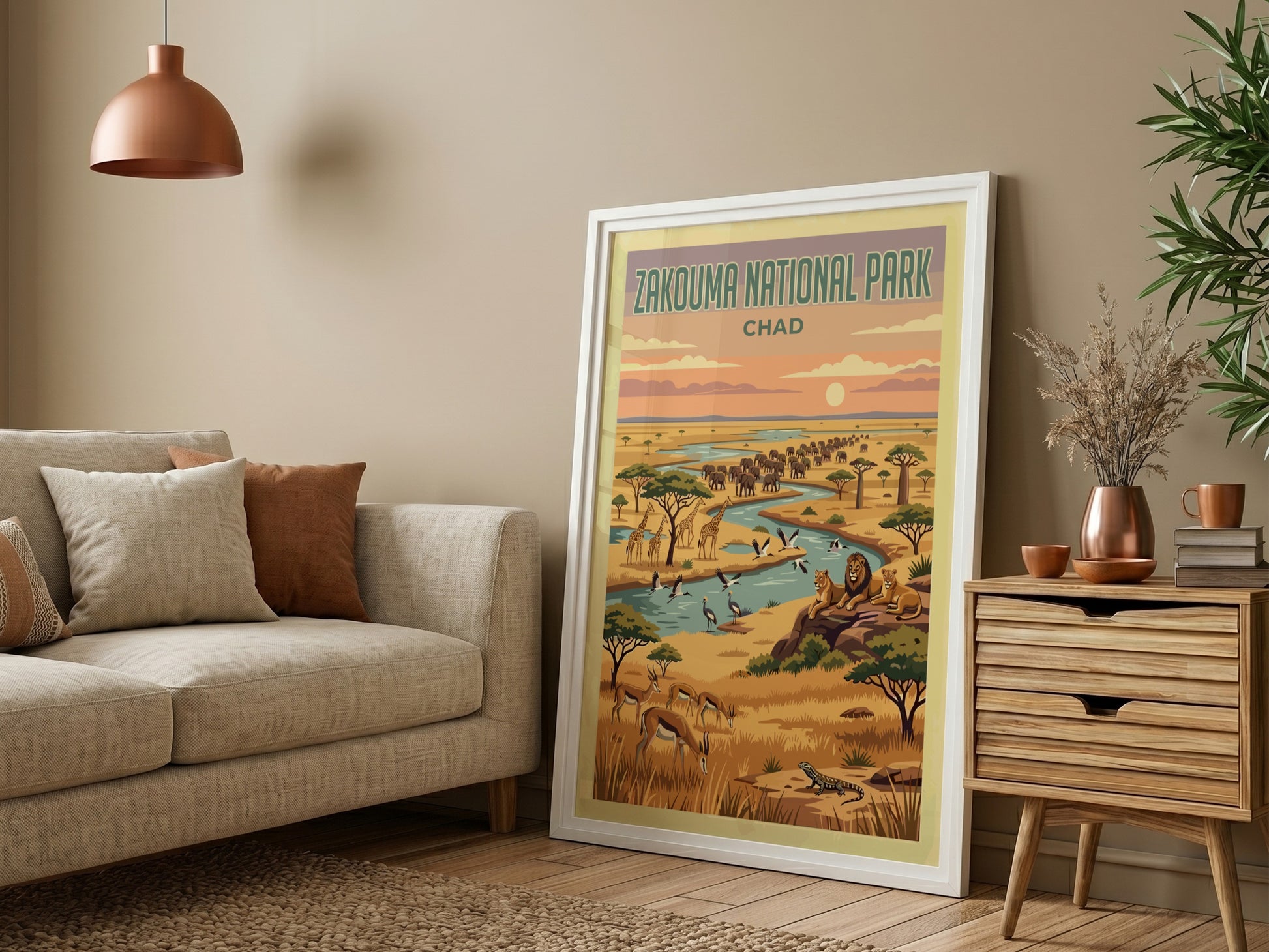 Zakouma National Park poster featuring wildlife, vibrant colors, and natural scenery