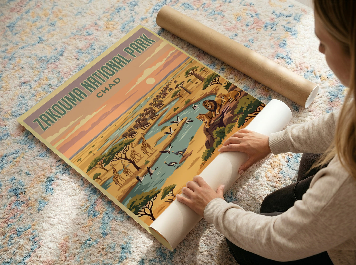 Zakouma National Park poster featuring wildlife, vibrant colors, and natural scenery