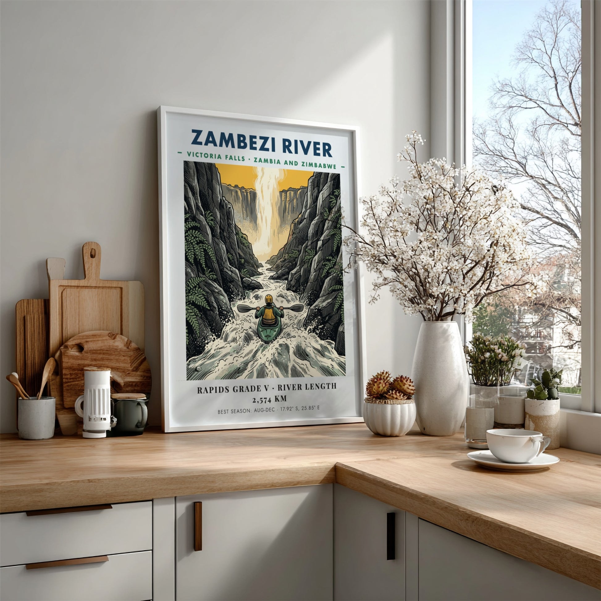 Poster of a lone kayaker navigating the powerful white water of Zambezi River gorge.