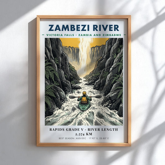 Poster of a lone kayaker navigating the powerful white water of Zambezi River gorge.