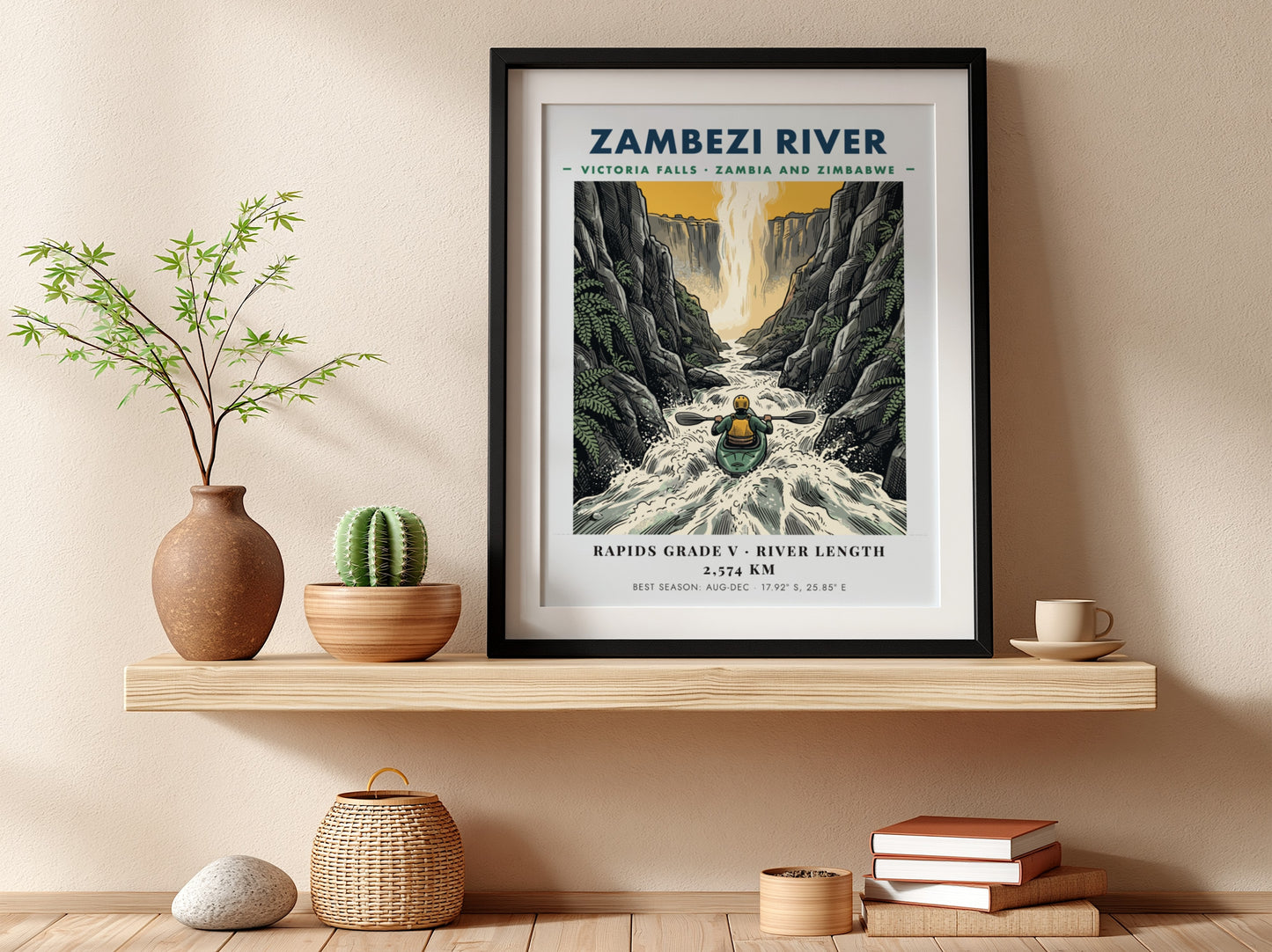 Poster of a lone kayaker navigating the powerful white water of Zambezi River gorge.