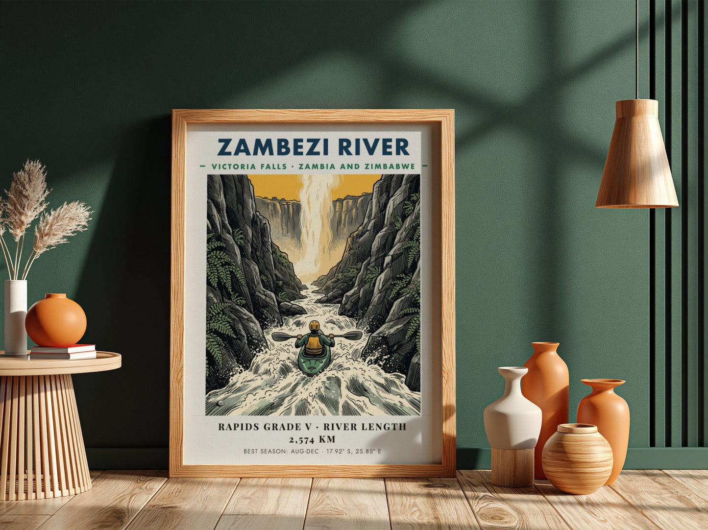 Poster of a lone kayaker navigating the powerful white water of Zambezi River gorge.
