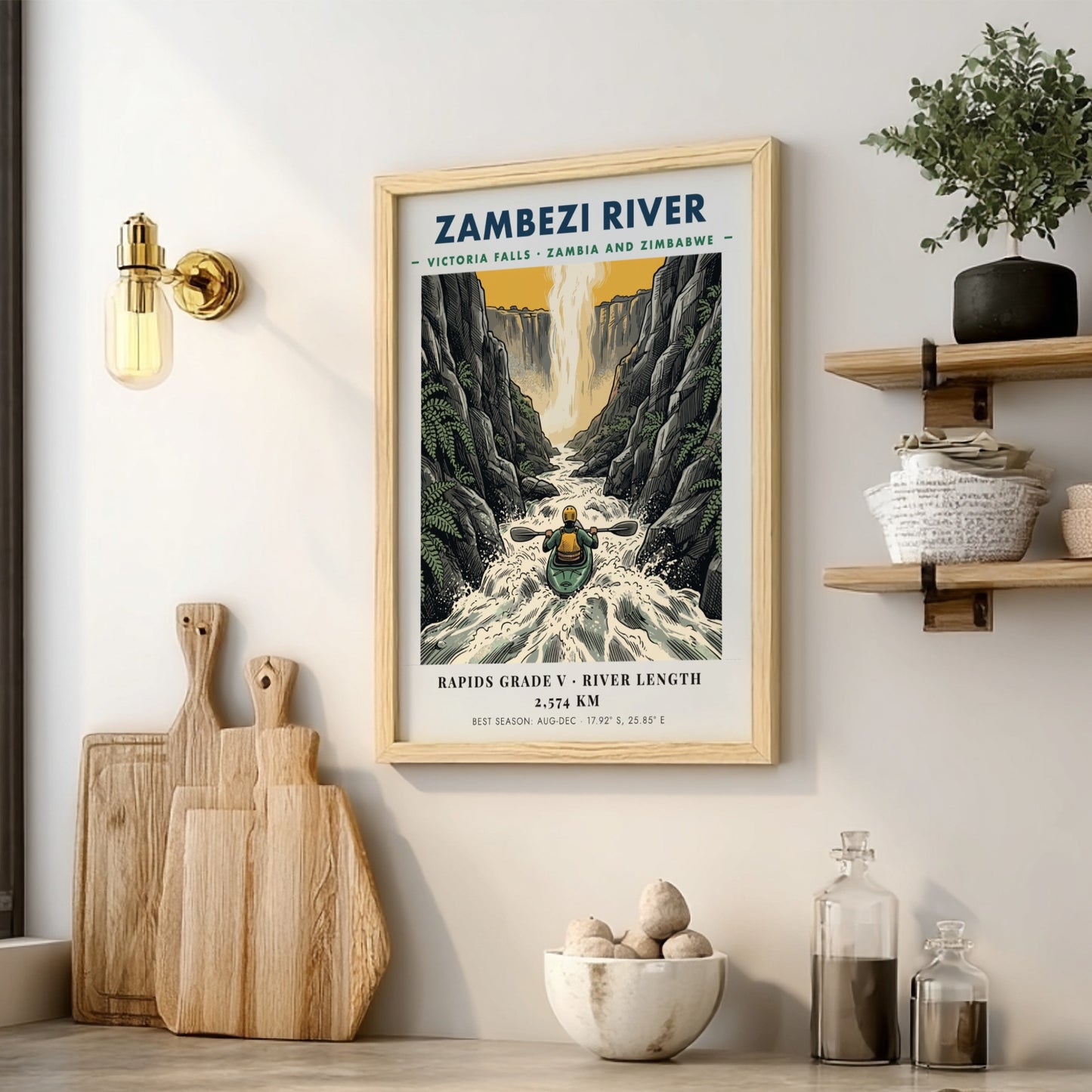Poster of a lone kayaker navigating the powerful white water of Zambezi River gorge.