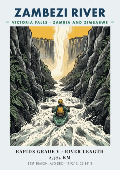 Poster of a lone kayaker navigating the powerful white water of Zambezi River gorge.