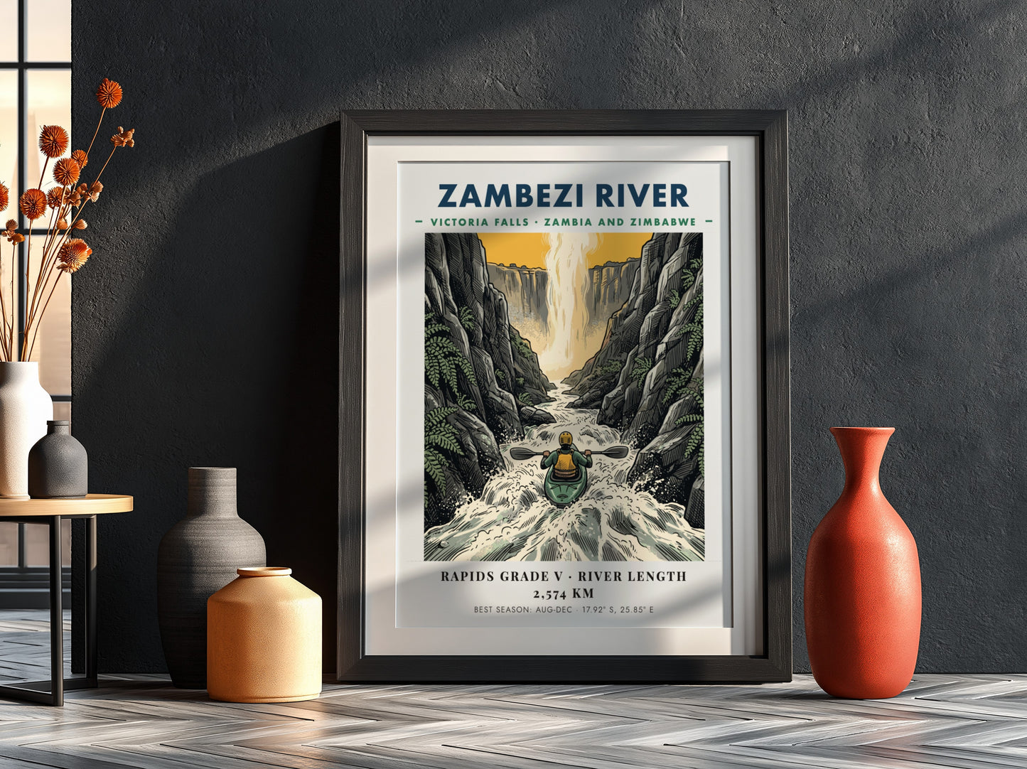 Poster of a lone kayaker navigating the powerful white water of Zambezi River gorge.