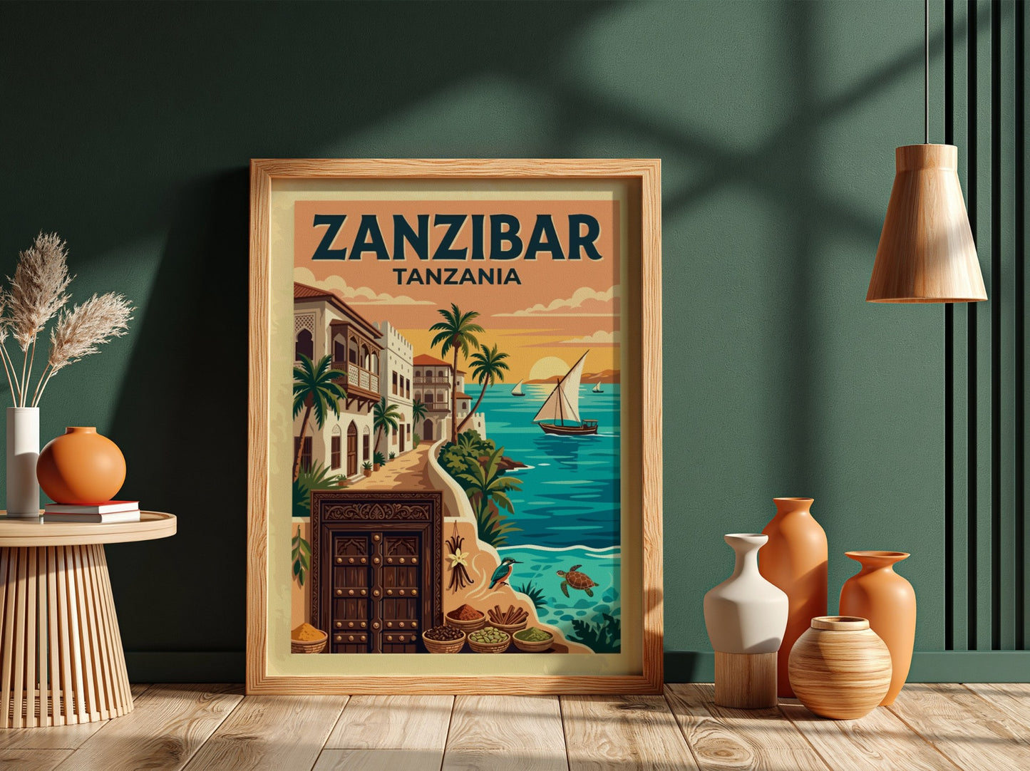 Travel poster of Zanzibar Tanzania featuring a traditional wooden door and sailboat sunset.