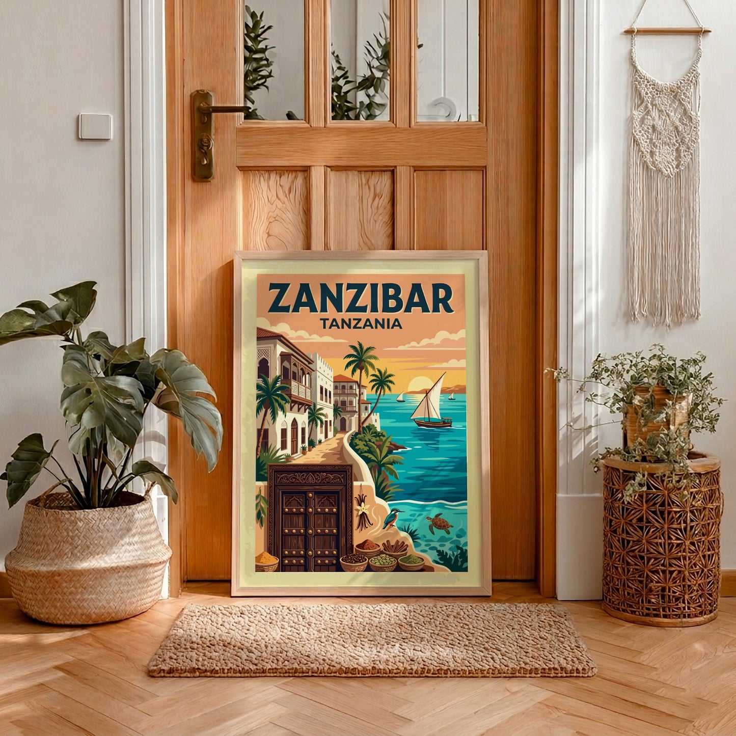 Travel poster of Zanzibar Tanzania featuring a traditional wooden door and sailboat sunset.