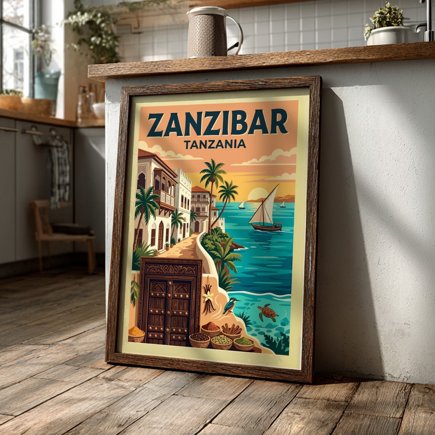 Travel poster of Zanzibar Tanzania featuring a traditional wooden door and sailboat sunset.