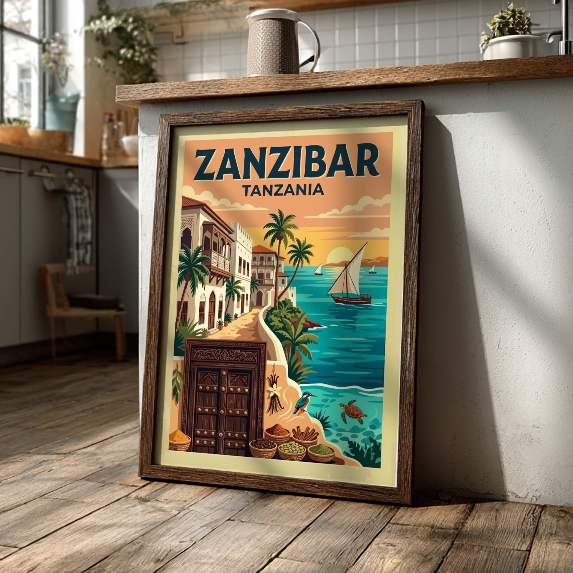 Travel poster of Zanzibar Tanzania featuring a traditional wooden door and sailboat sunset.
