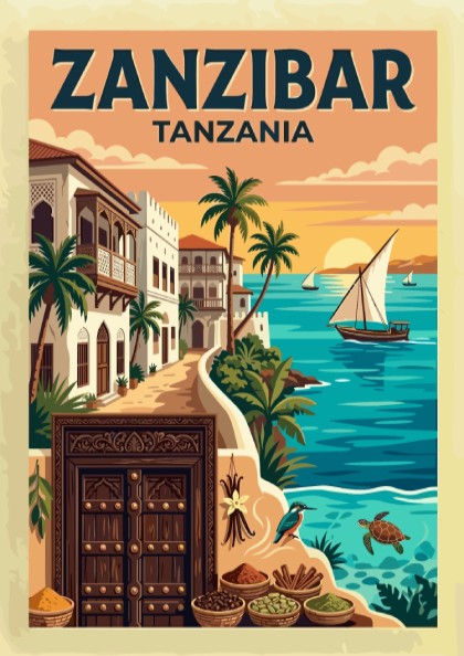 Travel poster of Zanzibar Tanzania featuring a traditional wooden door and sailboat sunset.