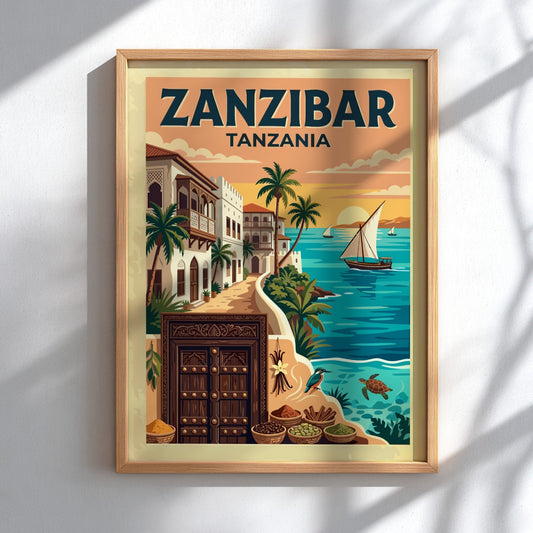 Travel poster of Zanzibar Tanzania featuring a traditional wooden door and sailboat sunset.