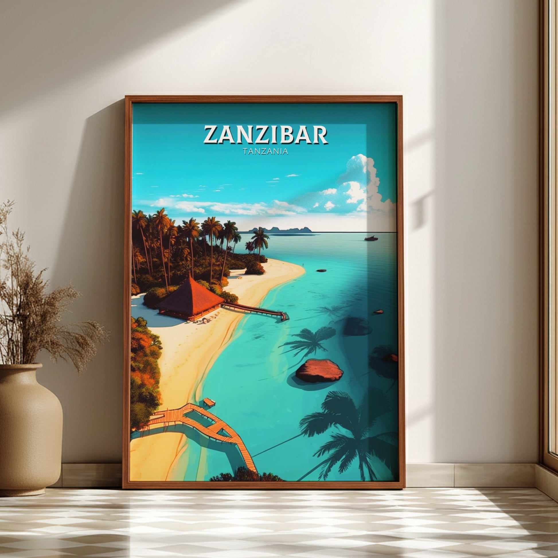 Framed artwork of Zanzibar with a beach scene on a wall.