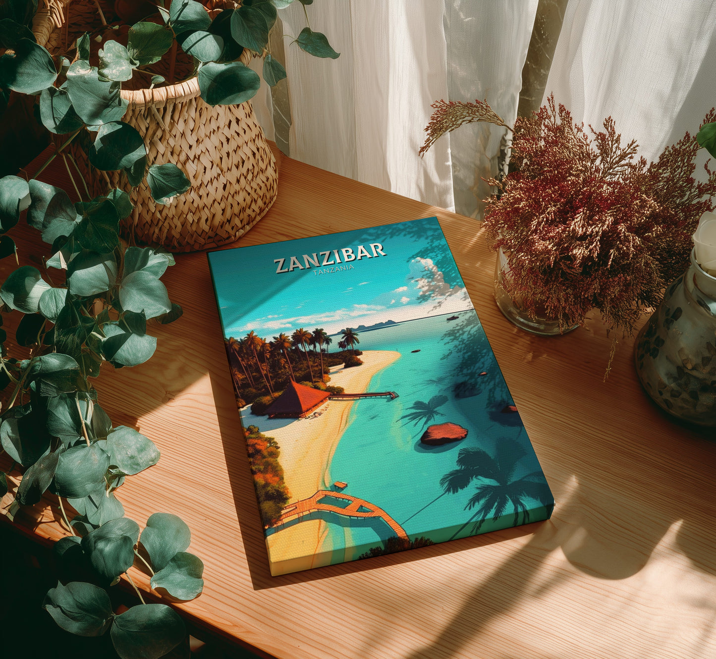 Book titled 'Zanzibar' on a wooden table with plants around