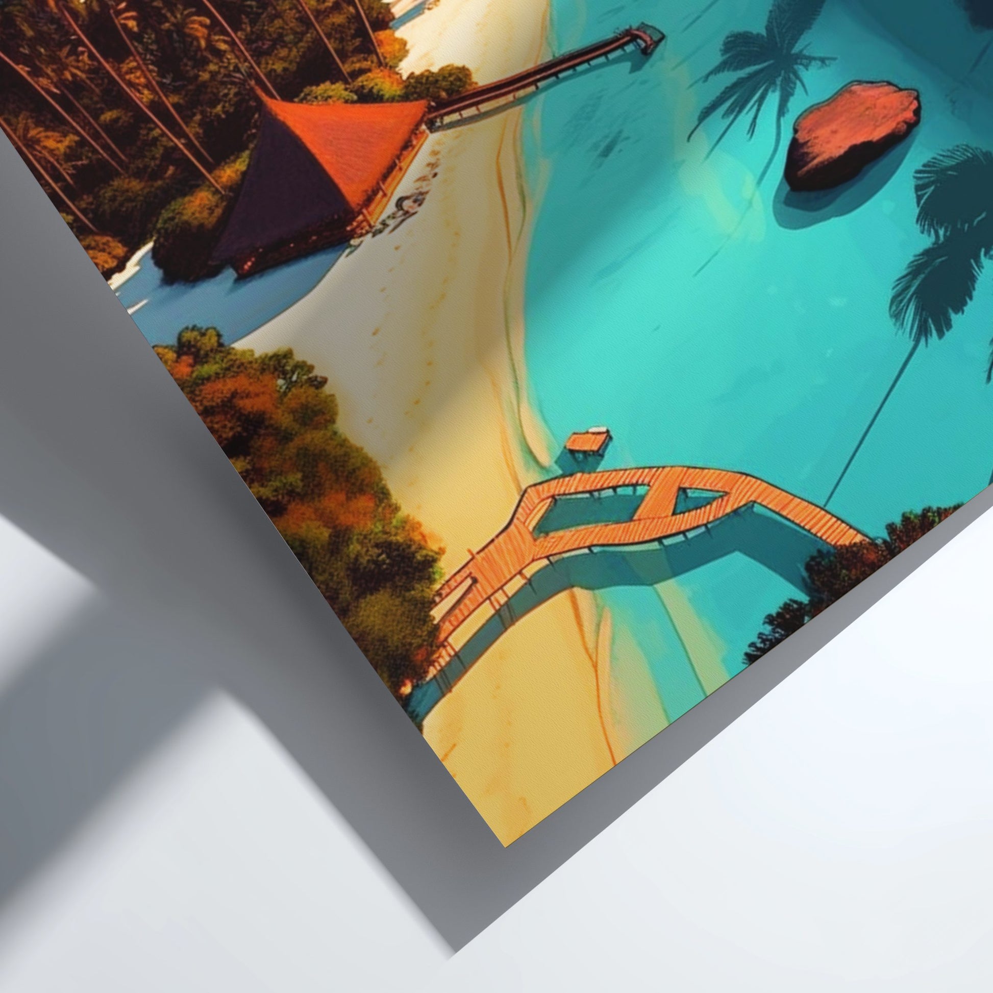 Colorful illustration of a bridge over water with trees and rocks.