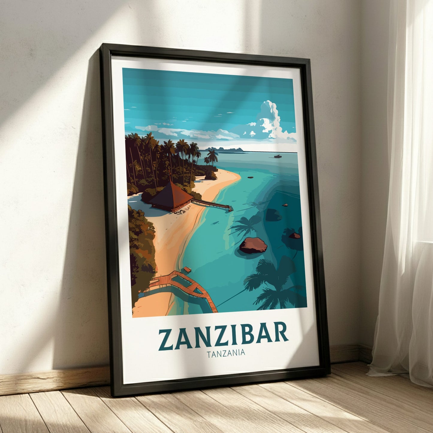 Framed poster of Zanzibar with a scenic view of a beach and ocean.