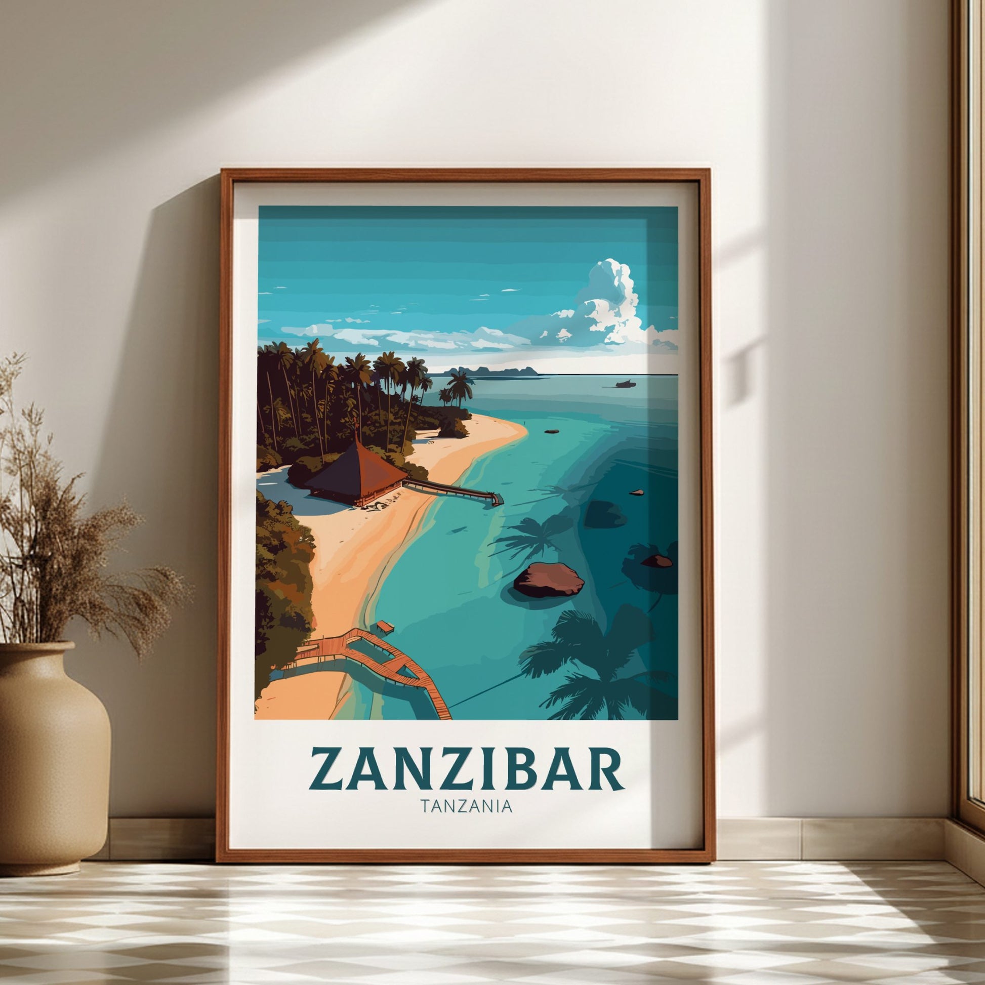Framed artwork of Zanzibar with a beach scene on a wall.
