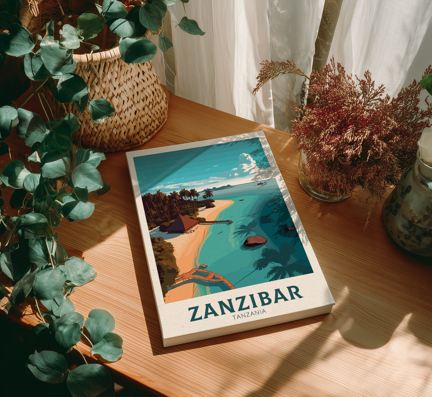 Canvas 'Zanzibar Tanzania' on a wooden table with plants around