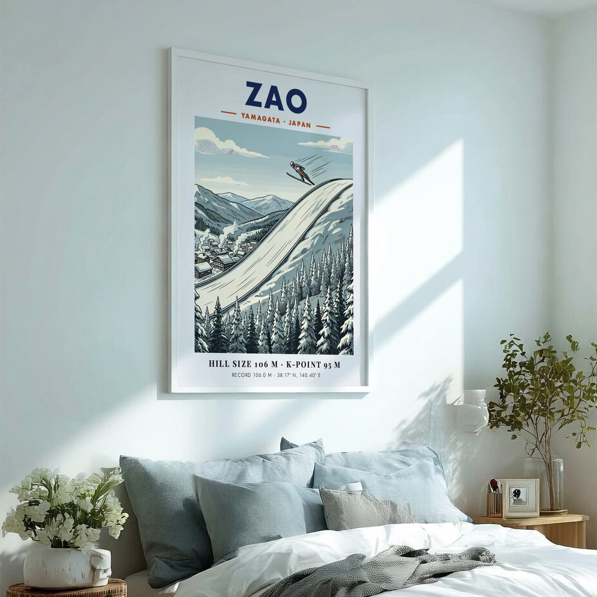 Poster featuring a ski jumper soaring over the Zao Yamagata mountain slopes in Japan.