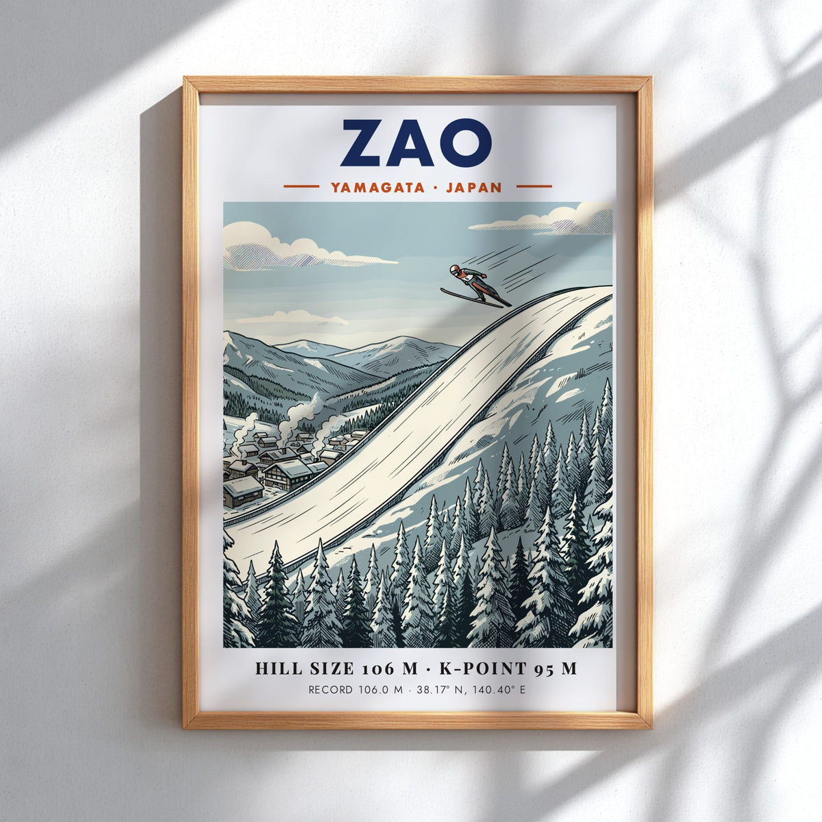 Poster featuring a ski jumper soaring over the Zao Yamagata mountain slopes in Japan.