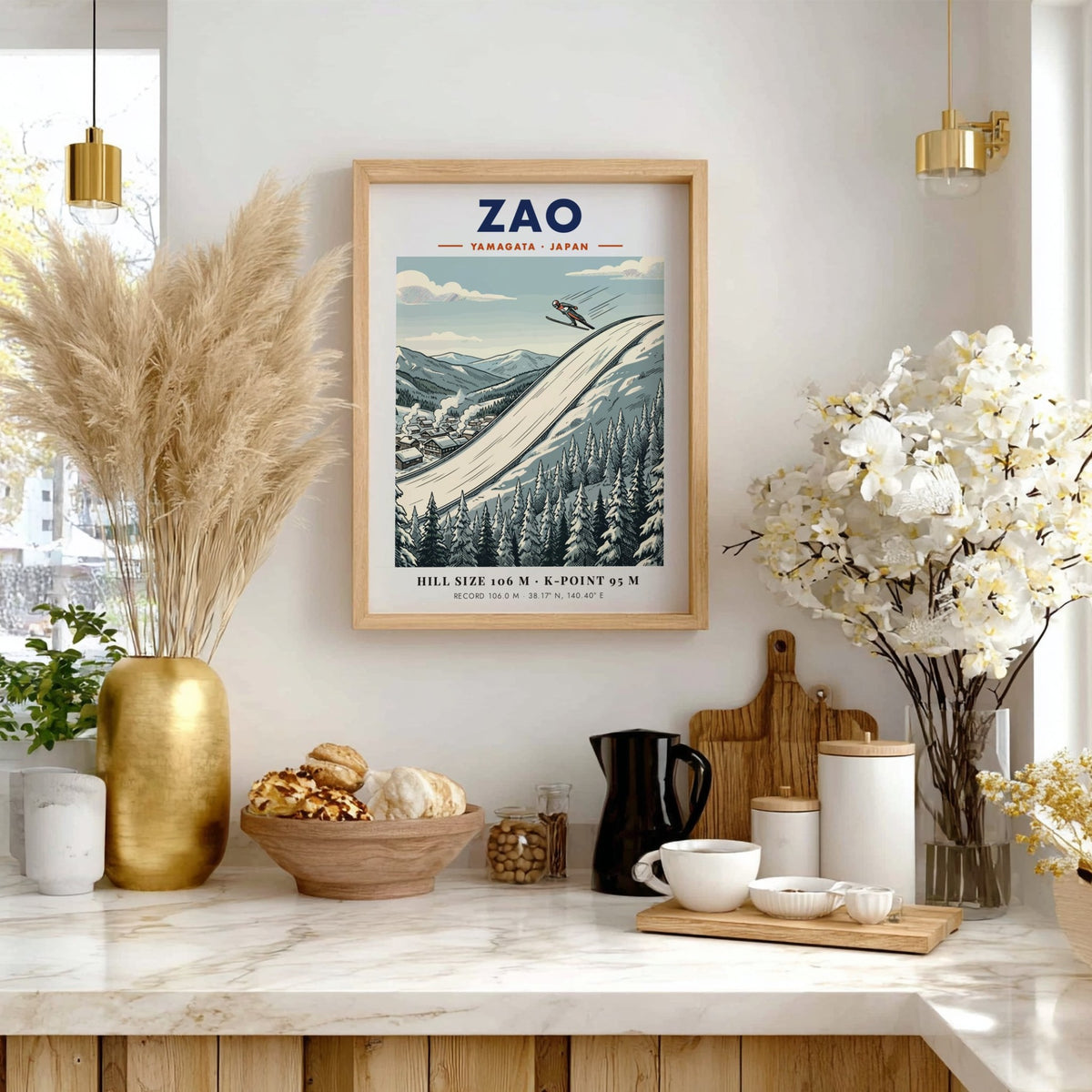 Poster featuring a ski jumper soaring over the Zao Yamagata mountain slopes in Japan.