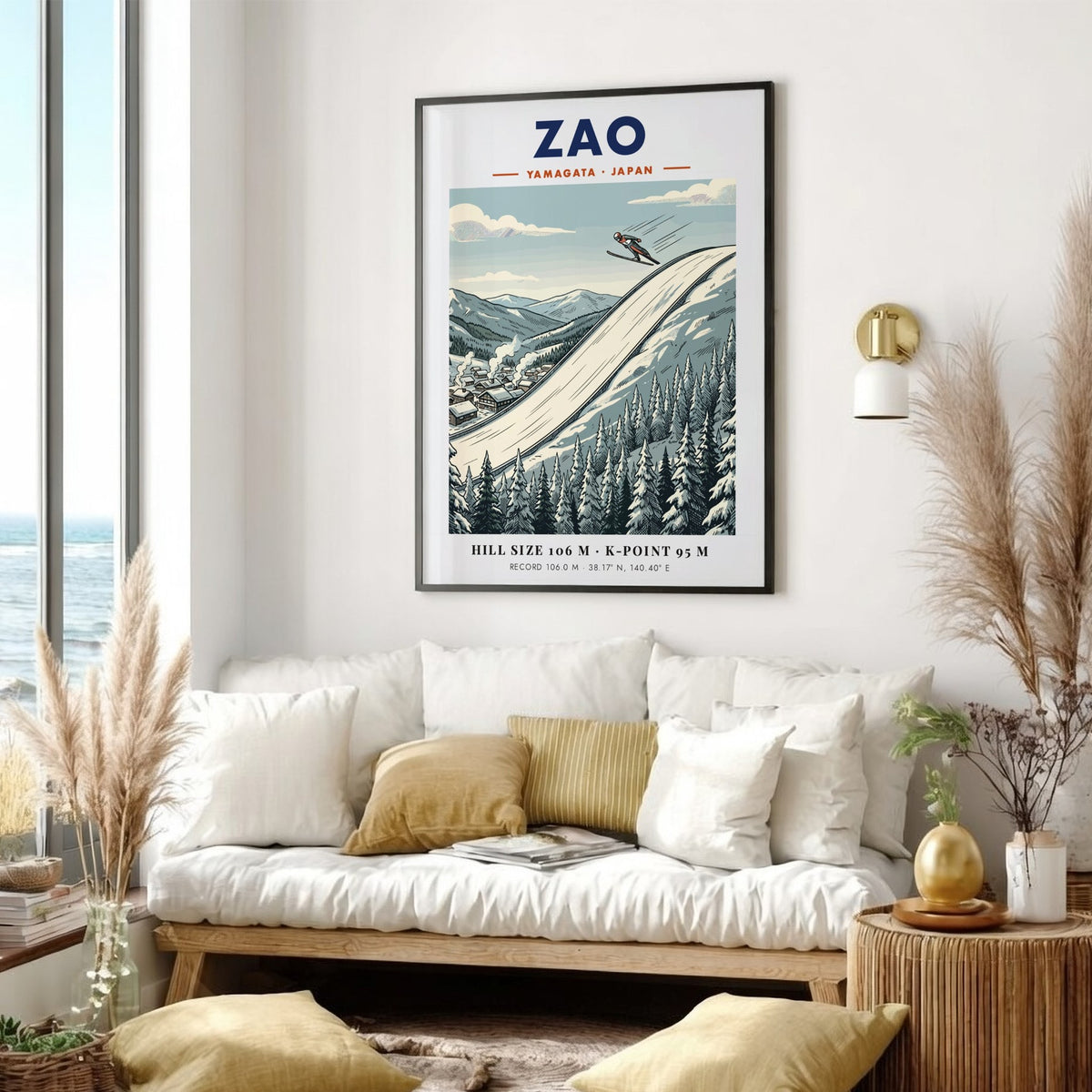 Poster featuring a ski jumper soaring over the Zao Yamagata mountain slopes in Japan.