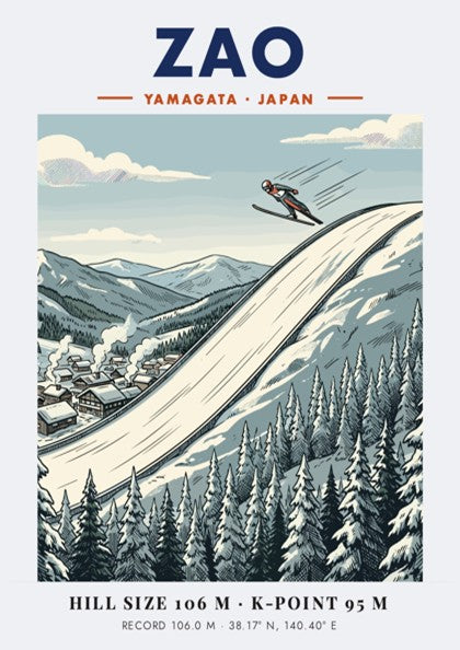 Poster featuring a ski jumper soaring over the Zao Yamagata mountain slopes in Japan.