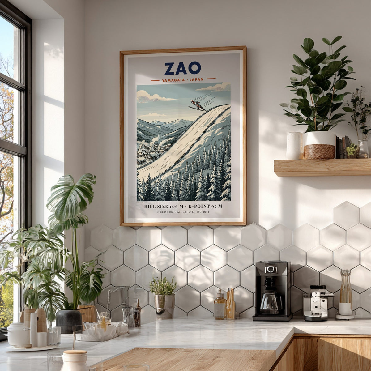 Poster featuring a ski jumper soaring over the Zao Yamagata mountain slopes in Japan.