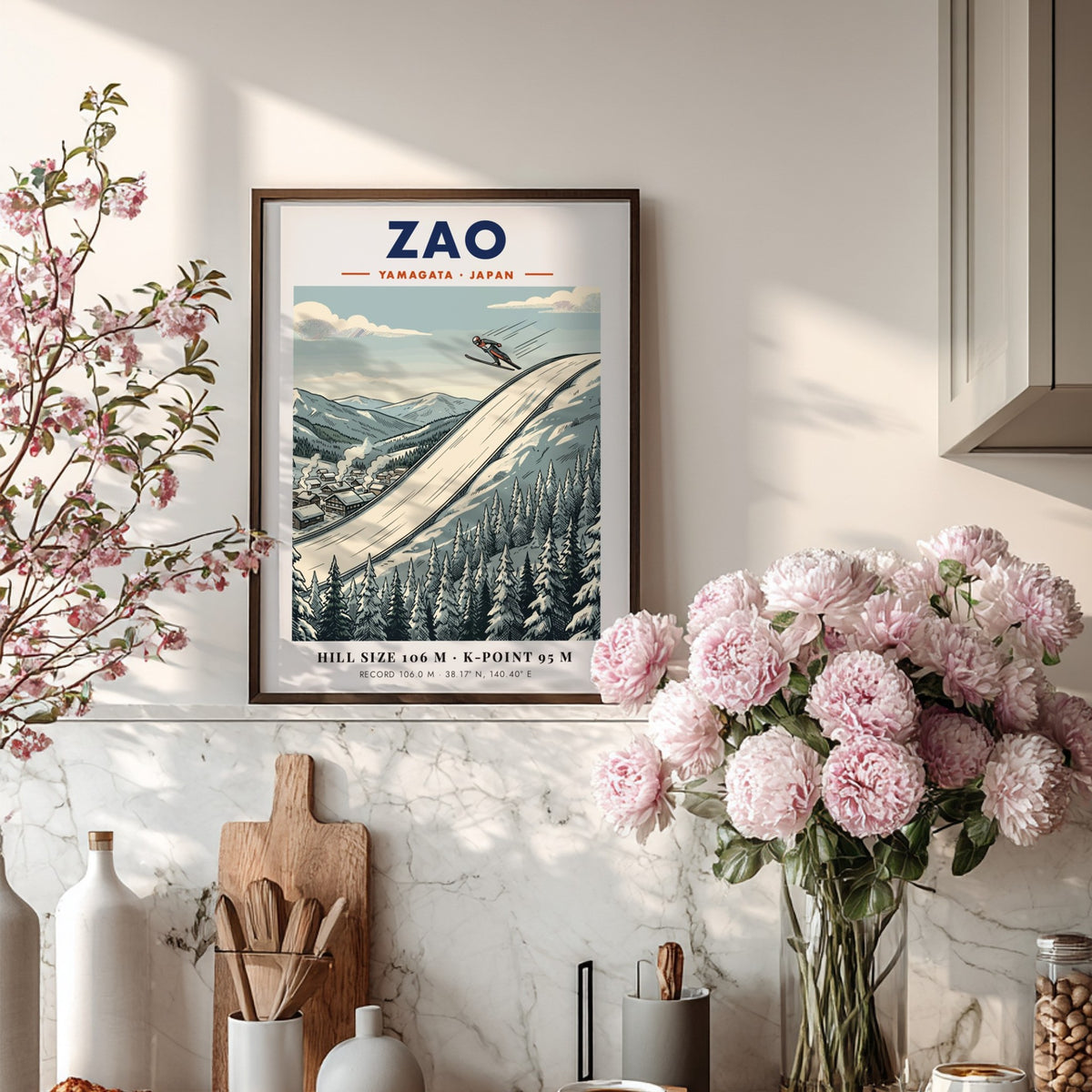 Poster featuring a ski jumper soaring over the Zao Yamagata mountain slopes in Japan.