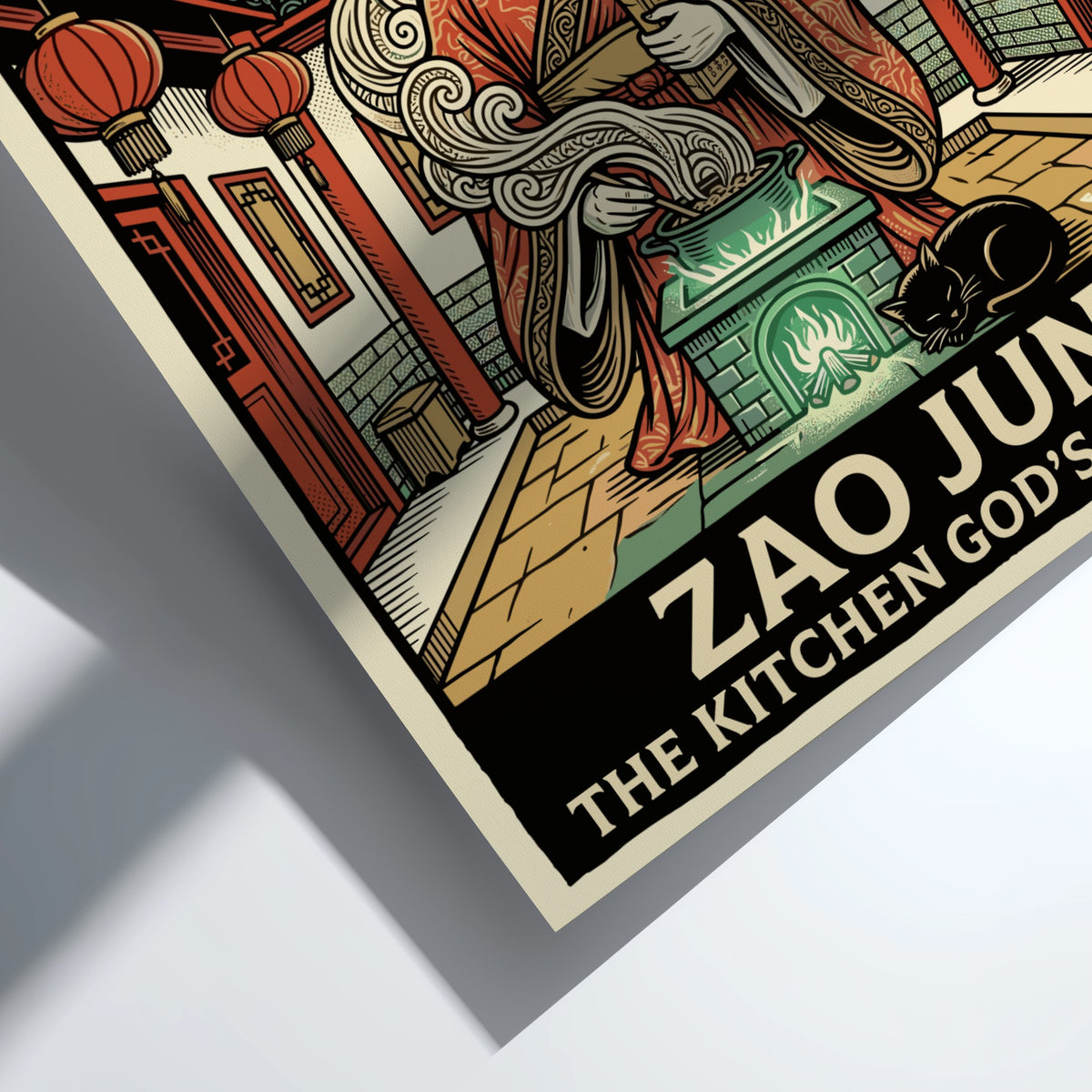 Poster featuring Zao Jun the Kitchen God with a horse and chariot above