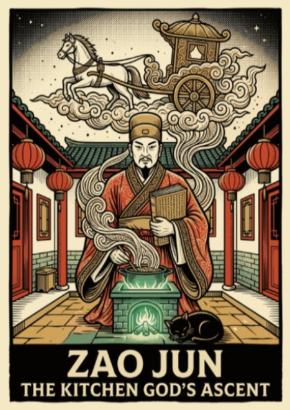 Poster featuring Zao Jun the Kitchen God with a horse and chariot above