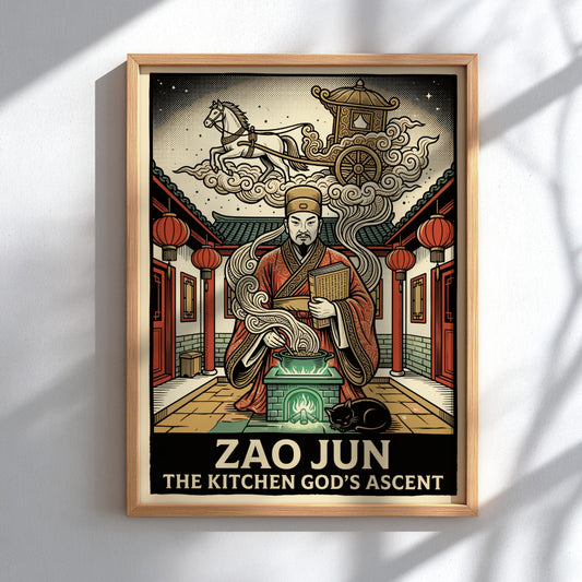 Poster featuring Zao Jun the Kitchen God with a horse and chariot above