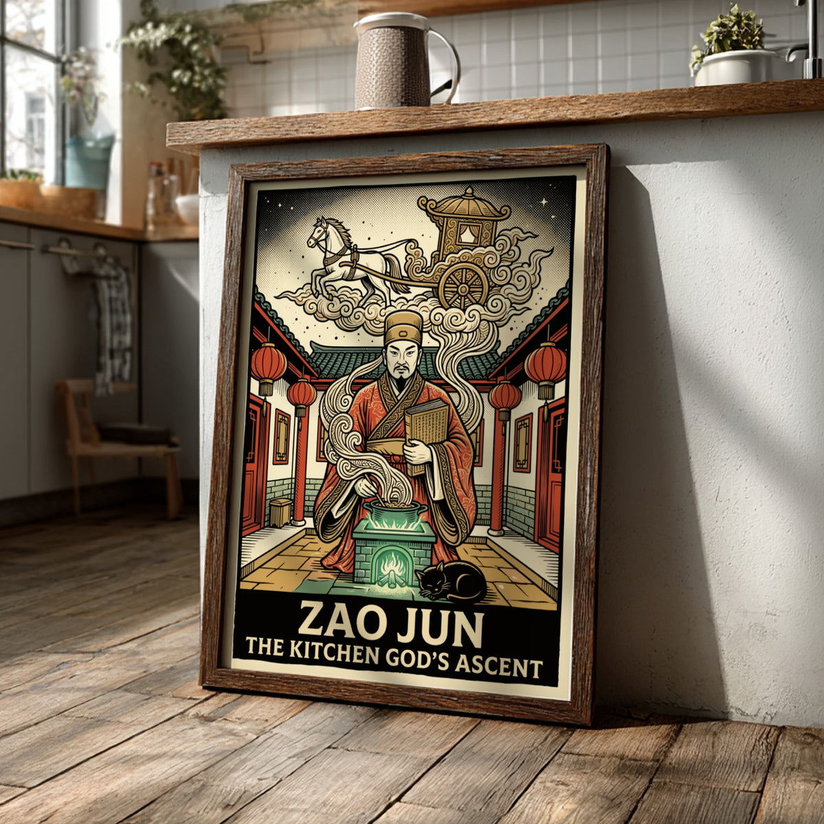 Poster featuring Zao Jun the Kitchen God with a horse and chariot above