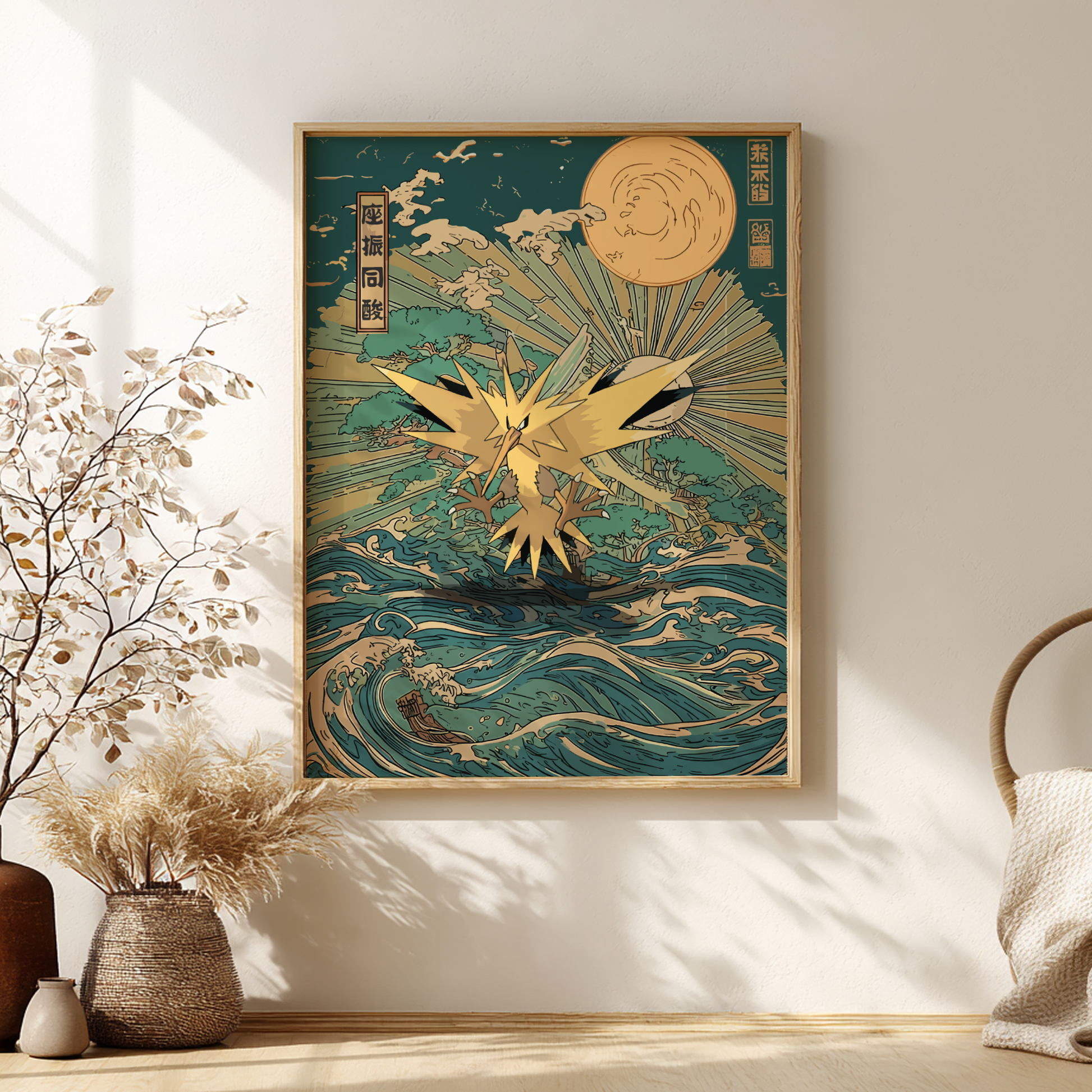 Framed artwork of Zapdos Pokemon in waves on a teal background, displayed in a room with decor elements.