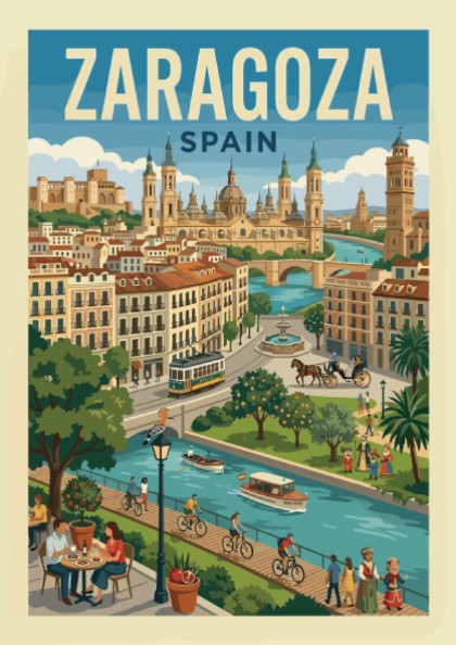 Zaragoza Spain travel poster with river, architecture, and vintage tram in a retro illustration style.