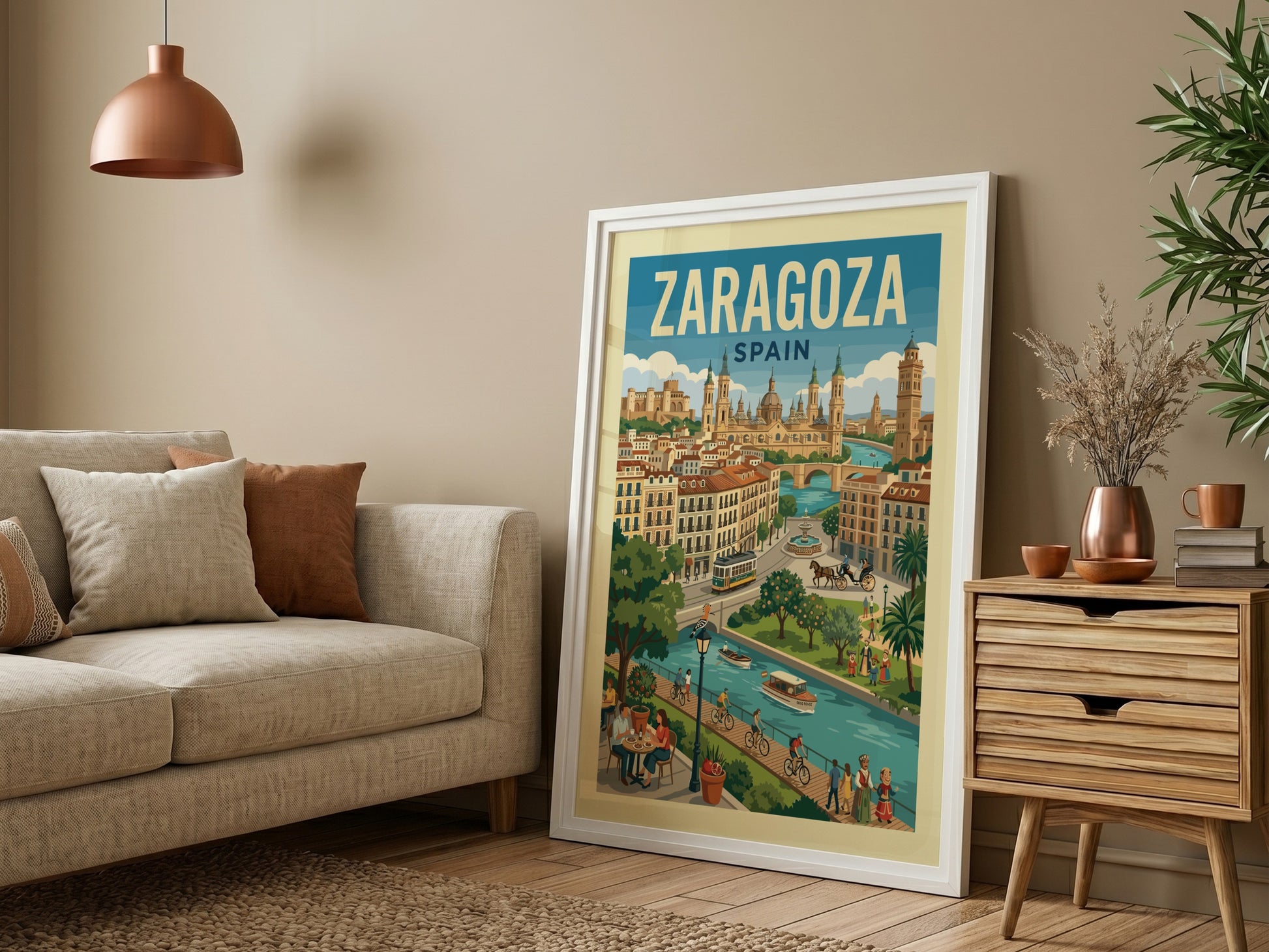 Zaragoza Spain travel poster with river, architecture, and vintage tram in a retro illustration style.