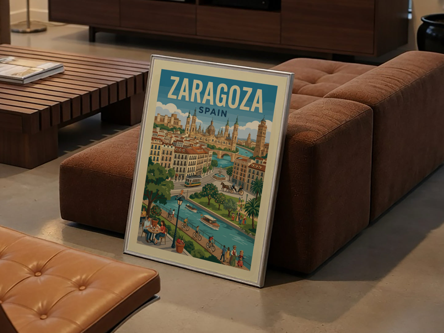 Zaragoza Spain travel poster with river, architecture, and vintage tram in a retro illustration style.