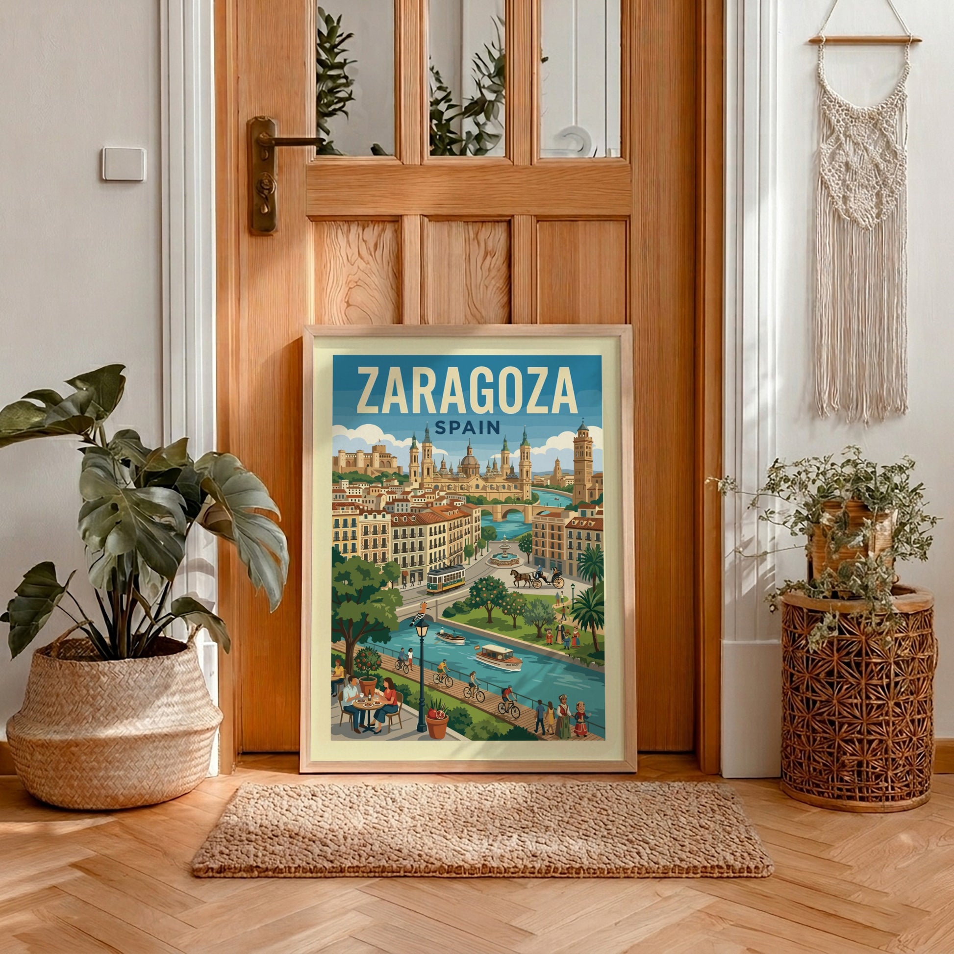 Zaragoza Spain travel poster with river, architecture, and vintage tram in a retro illustration style.
