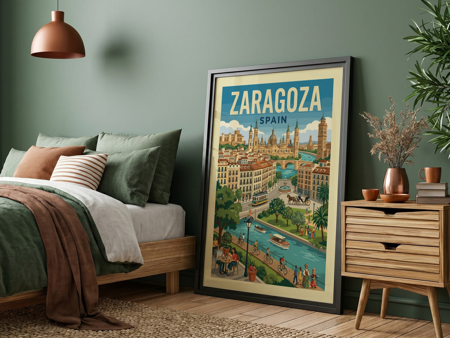 Zaragoza Spain travel poster with river, architecture, and vintage tram in a retro illustration style.