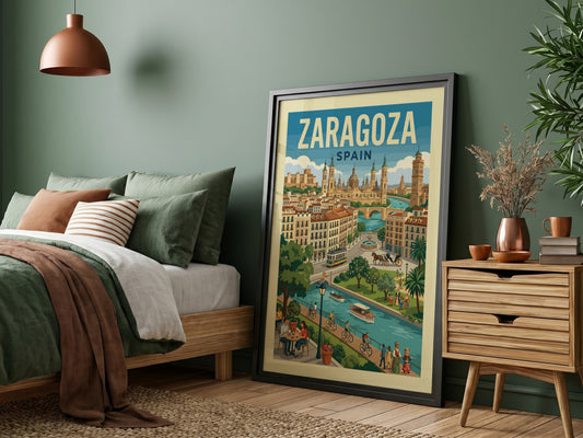 Zaragoza Spain travel poster with river, architecture, and vintage tram in a retro illustration style.