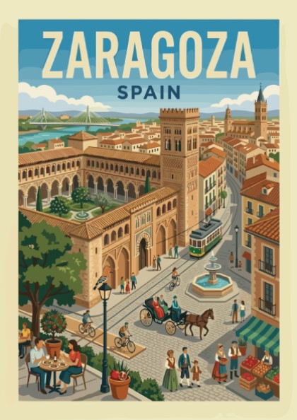 Vintage travel poster of Zaragoza, Spain, featuring cityscapes, architecture, and a tram in a retro style.