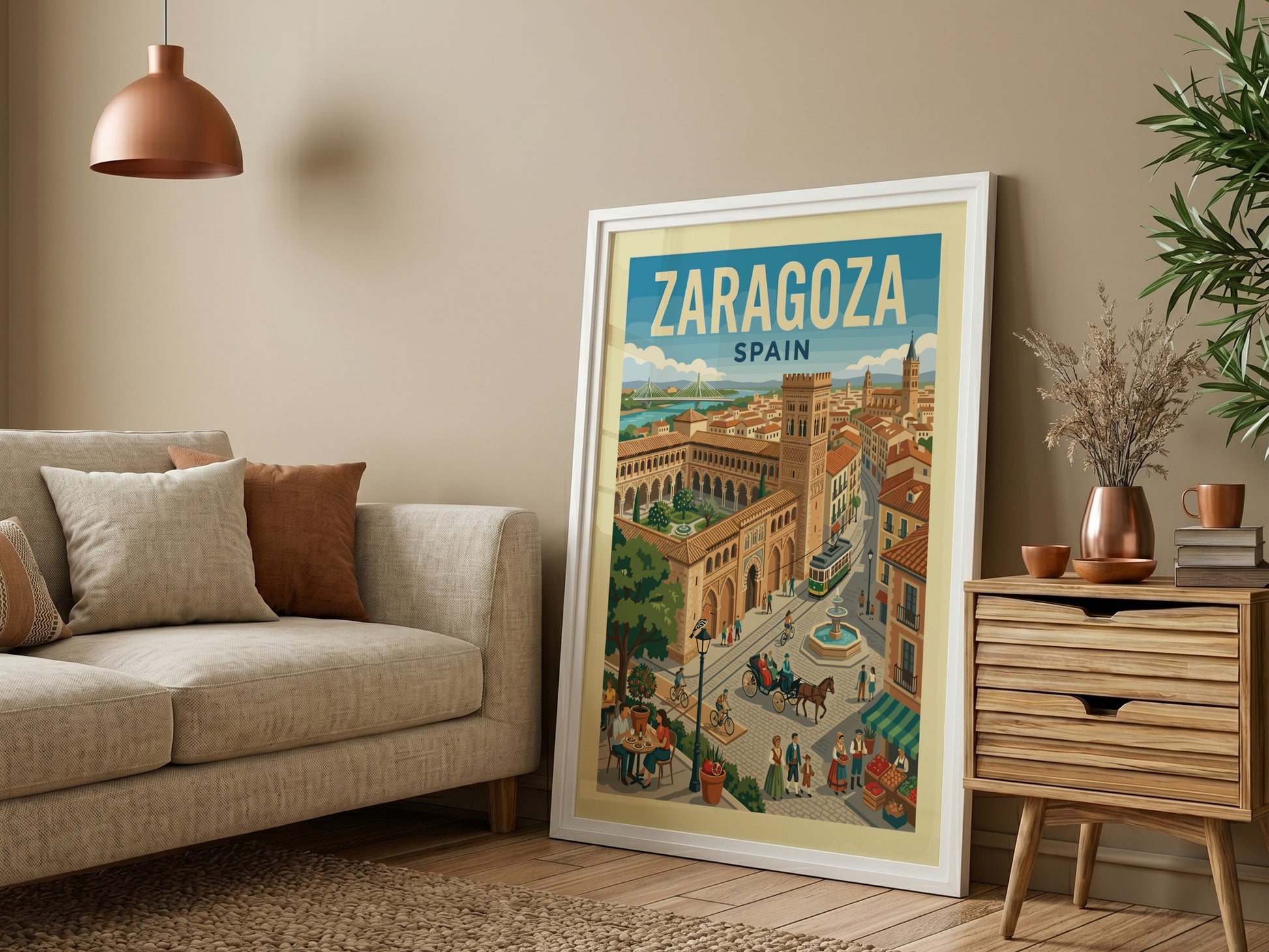 Vintage travel poster of Zaragoza, Spain, featuring cityscapes, architecture, and a tram in a retro style.