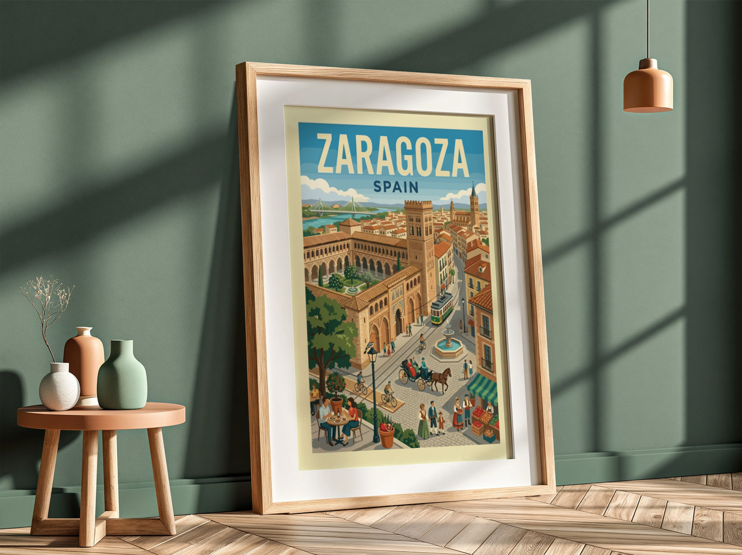 Vintage travel poster of Zaragoza, Spain, featuring cityscapes, architecture, and a tram in a retro style.