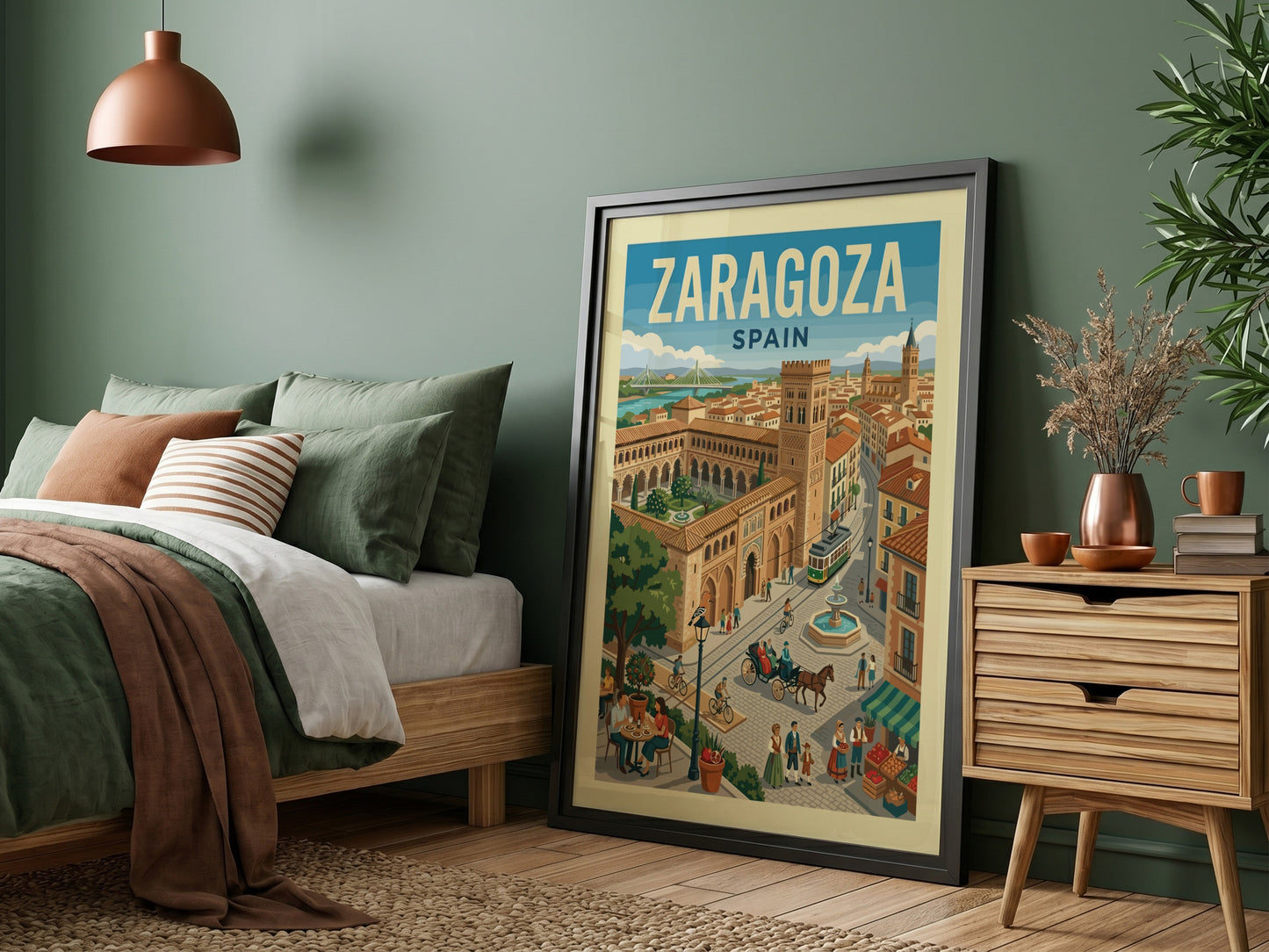 Vintage travel poster of Zaragoza, Spain, featuring cityscapes, architecture, and a tram in a retro style.
