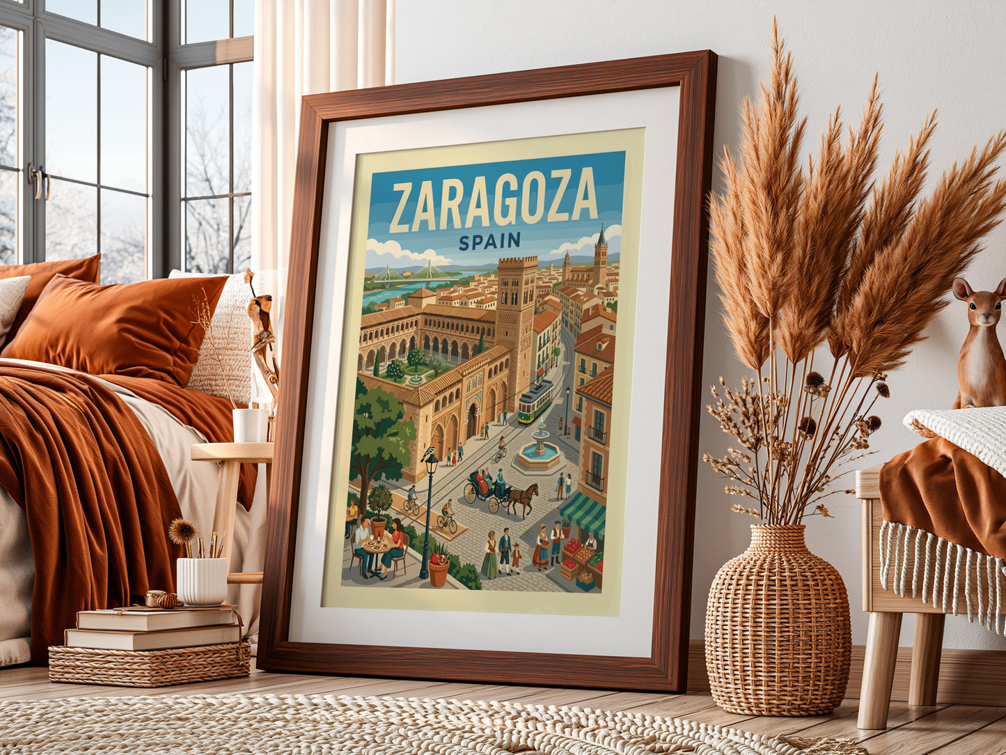 Vintage travel poster of Zaragoza, Spain, featuring cityscapes, architecture, and a tram in a retro style.