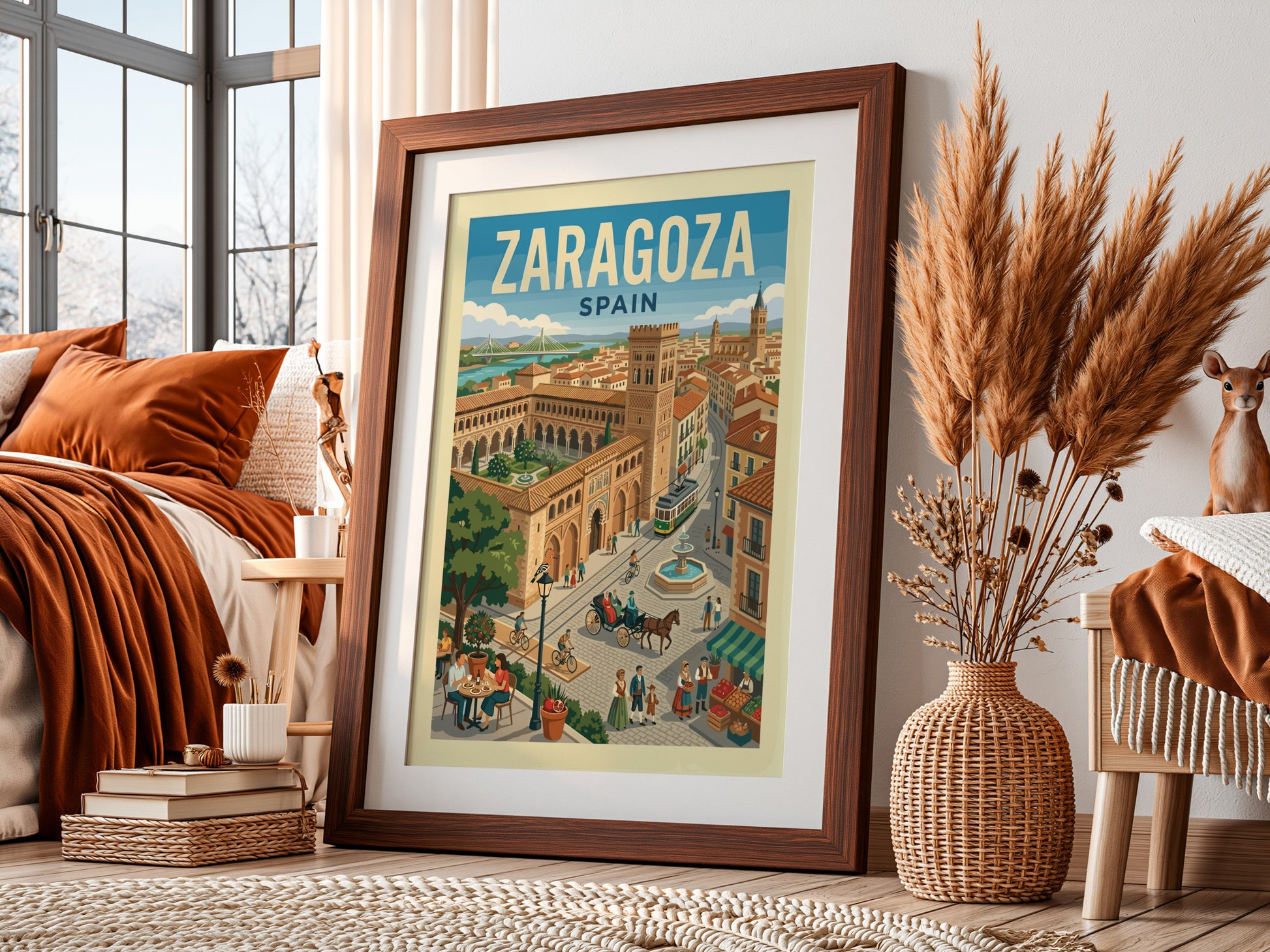 Vintage travel poster of Zaragoza, Spain, featuring cityscapes, architecture, and a tram in a retro style.
