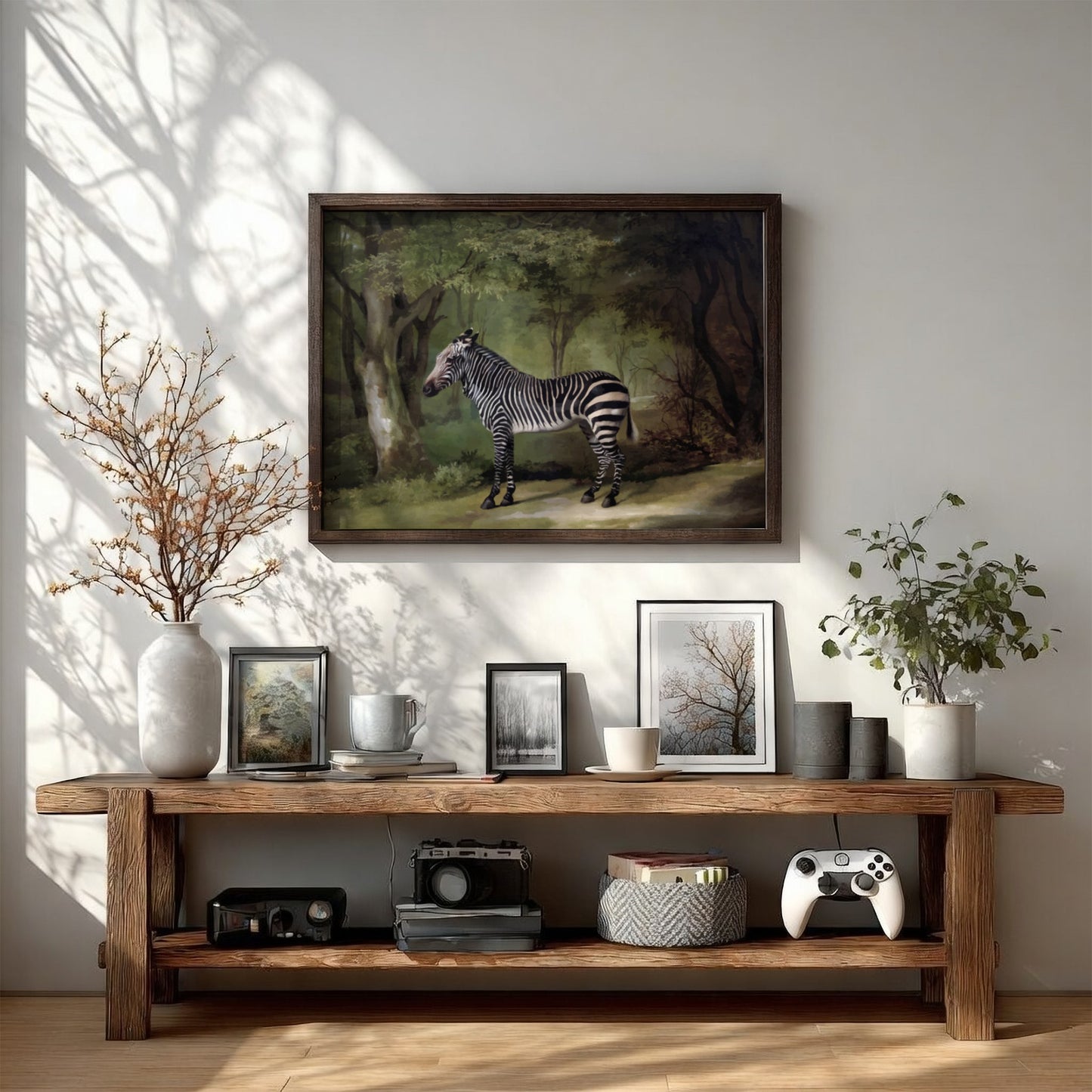 Vintage "Zebra" drawing by George Stubbs, a realistic animal art print in a woodland setting.
