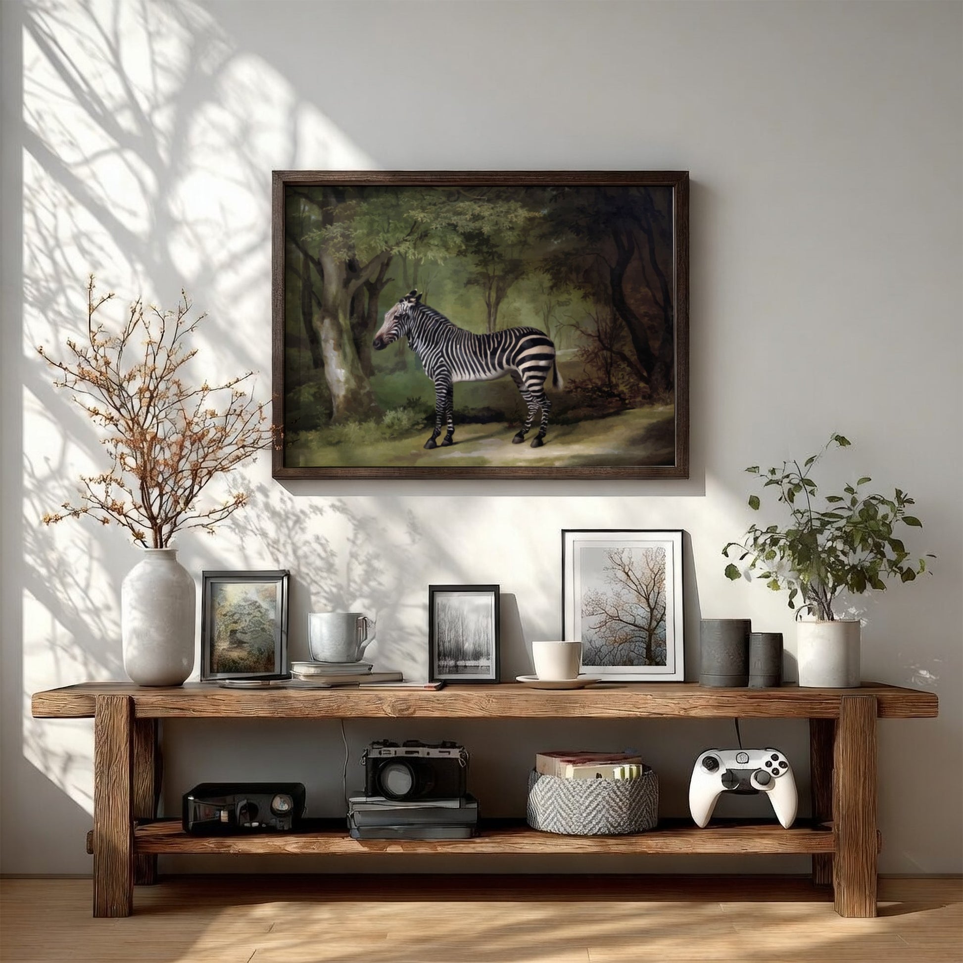 Vintage "Zebra" drawing by George Stubbs, a realistic animal art print in a woodland setting.