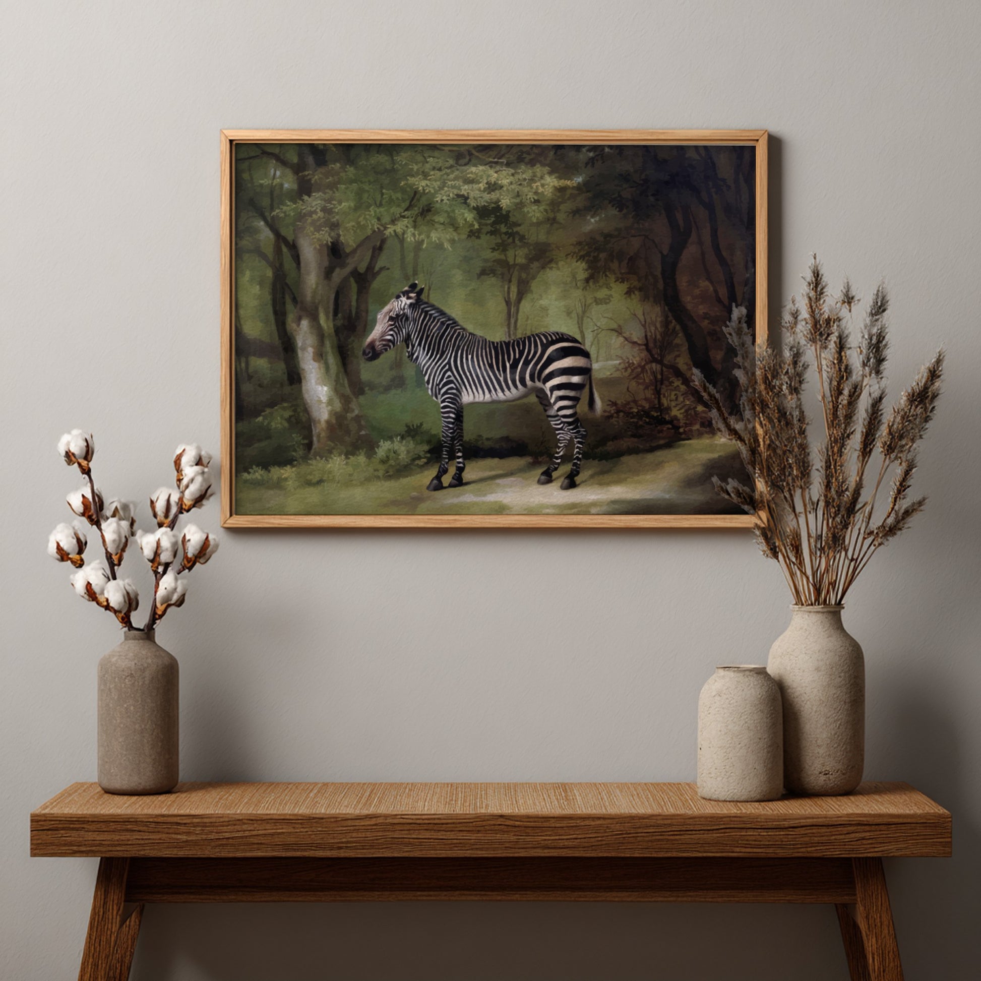 Vintage "Zebra" drawing by George Stubbs, a realistic animal art print in a woodland setting.